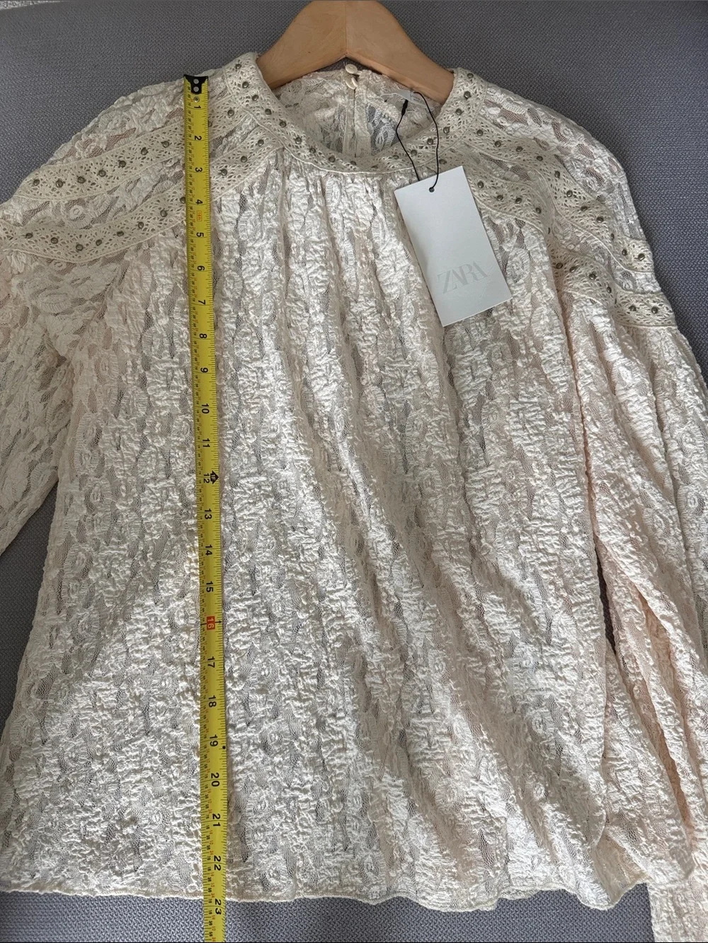 Zara Cream Lace Long-Sleeve Top with Embellished Size M NWT